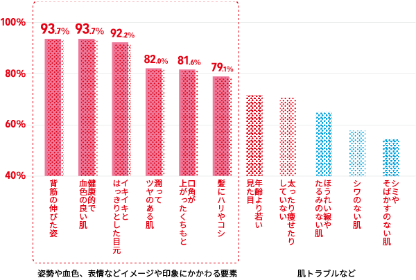 姿勢や血色、表情などイメージや印象にかかわる要素/肌トラブルなど